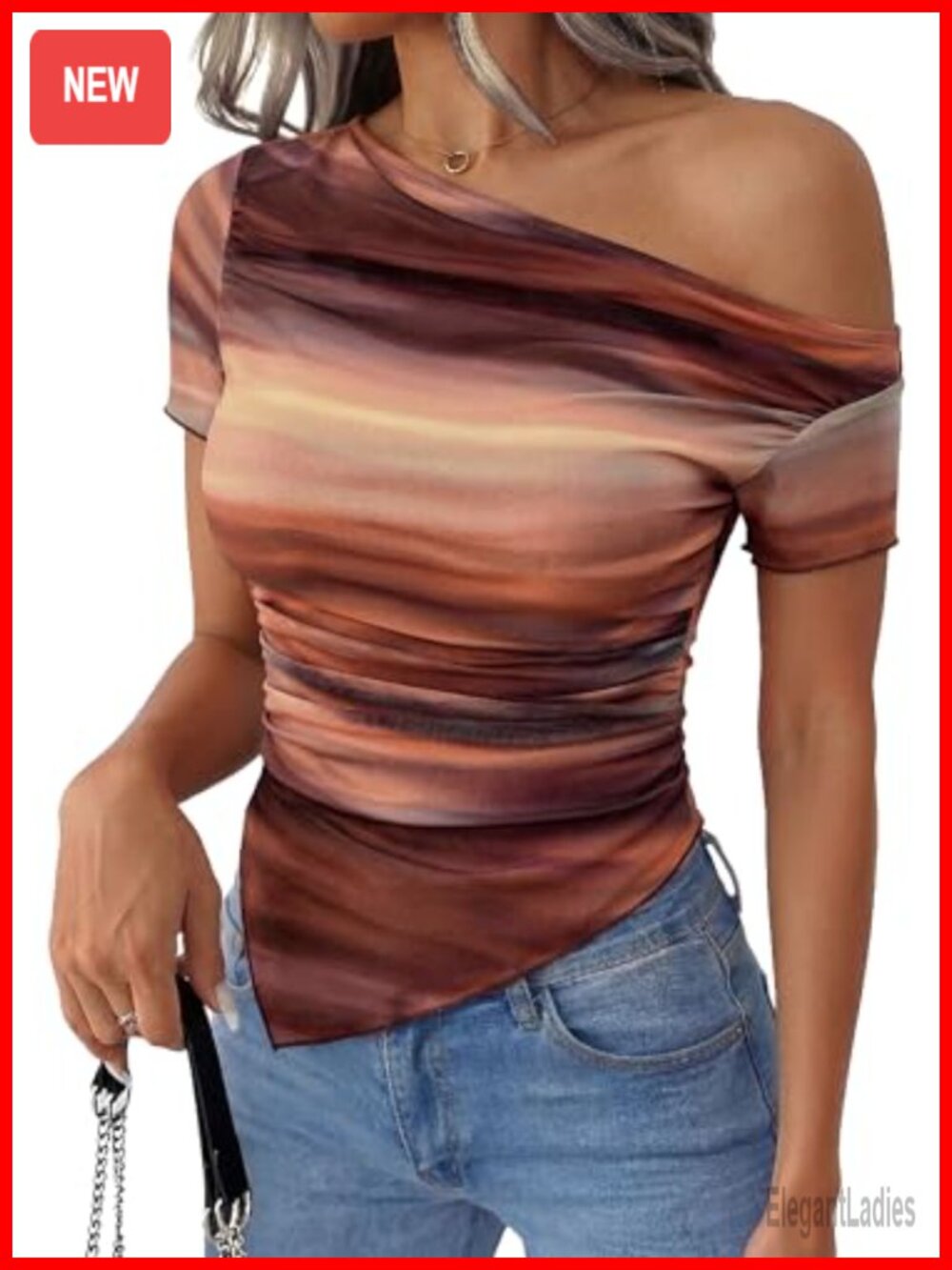 Women's Mesh Off The Shoulder Short Sleeve Top Slim Fit Asymmetrical